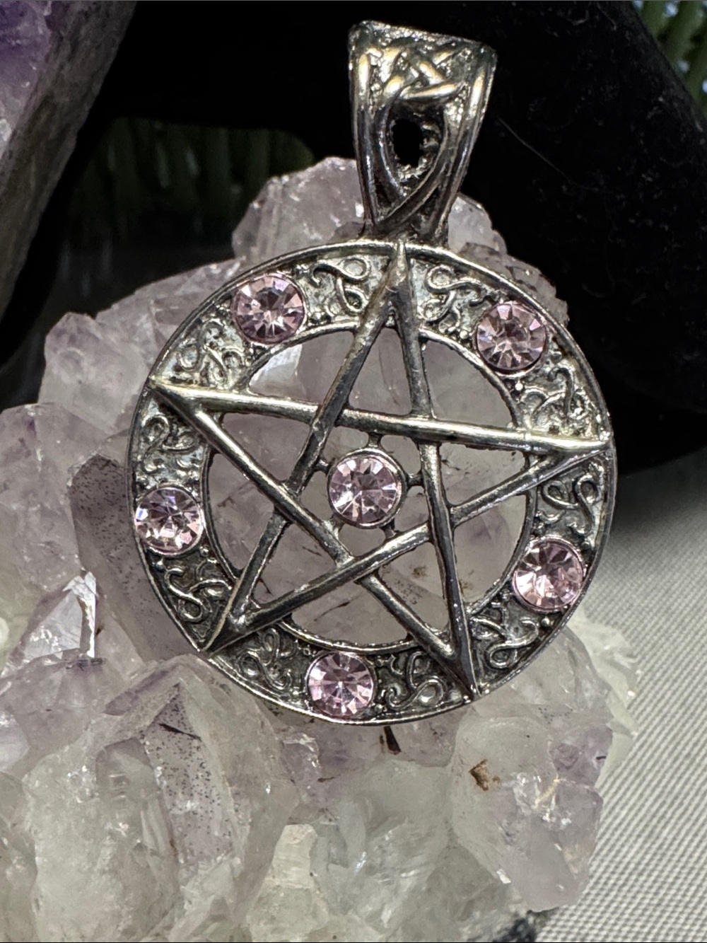 Silver 5 Pointed Star Pendant with Light Pink Stones